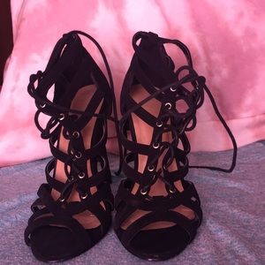 Black strapped open toed heels with laces!